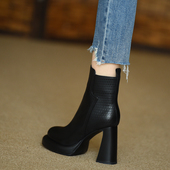 10cm拼接粗跟短靴女 2024秋冬季 新款 misili 高跟鞋 真皮圆头女靴子