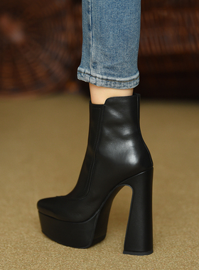 misili尖头粗跟短靴女14cm超高跟鞋秋冬季新款黑色厚底真皮女靴子
