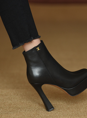 misili 真皮防水台高跟鞋2026秋冬新款粗跟短靴女厚底复古女靴子