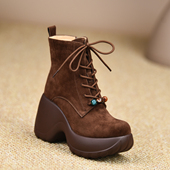 2025秋冬新款 misili 系带坡跟短靴9.8cm高跟鞋 加绒厚底真皮女靴子