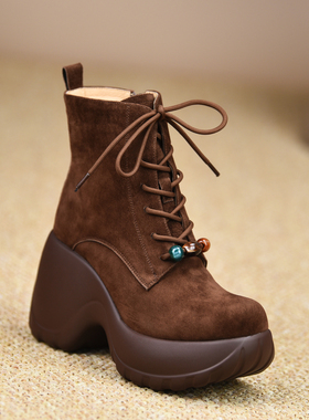 misili 系带坡跟短靴9.8cm高跟鞋2026秋冬新款加绒厚底真皮女靴子