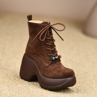 2026秋冬新款 加绒厚底真皮女靴子 系带坡跟短靴9.8cm高跟鞋 misili