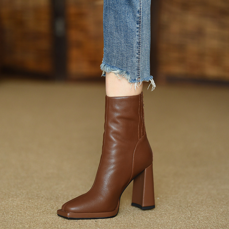 misili 9.8cm复古方头粗跟短靴女 2024秋冬季新款高跟鞋平底女靴,女鞋,时装靴,淘宝优惠券,粉丝福利购,淘宝优惠卷