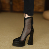 女鞋 misili 2025夏季 新款 14cm高跟鞋 尖头厚底网靴防水台粗跟凉鞋