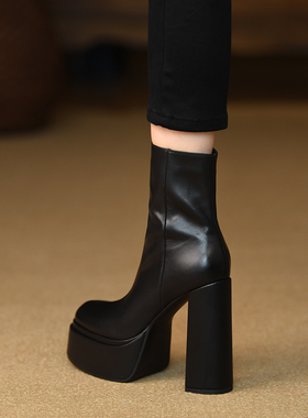 misili真皮方头粗跟短靴秋冬季新款13cm黑色高跟鞋防水台厚底女靴