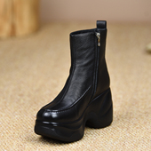 2025秋冬新款 misili 加绒坡跟短靴9cm高跟鞋 防水台厚底真皮女靴子