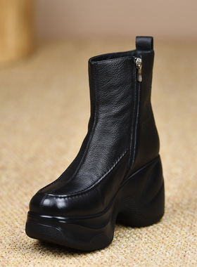misili 加绒坡跟短靴9cm高跟鞋2026秋冬新款防水台厚底真皮女靴子