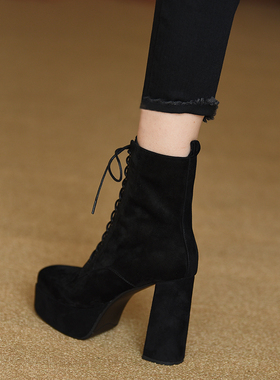 misili真皮厚底粗跟短靴女2026秋冬季新款绑带超高跟防水台马丁靴