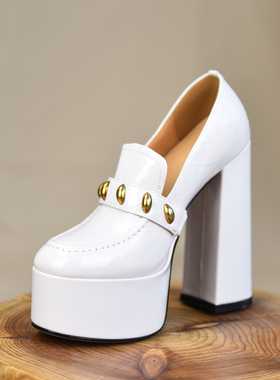 misili 欧美风厚底深口单鞋女超高跟粗跟圆头一脚蹬乐福鞋增高