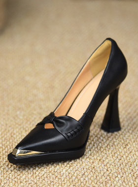 misili 欧美时装黑色高跟鞋女深口单鞋方头防水台通勤小皮鞋