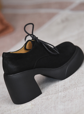 misili~8.5cm粗跟系带单鞋2026秋季新款高跟鞋防水台厚底真皮女鞋