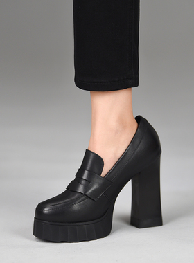 misili防水台粗跟深口单鞋女春秋季新款11cm高跟鞋一脚蹬真皮女鞋