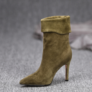 平底真皮女靴子 2025秋冬新款 misili 尖头细跟短靴9cm小个子高跟鞋