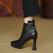 尖头厚底高跟鞋 新款 侧拉链女靴子 真皮粗跟短靴女2026冬季 misili