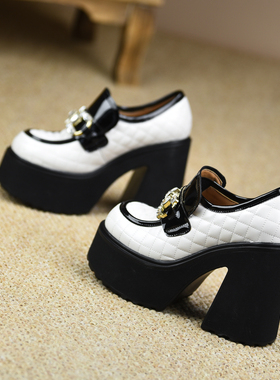 misili拼接粗跟单鞋12cm水钻高跟鞋2026春秋季新款小个子厚底女鞋