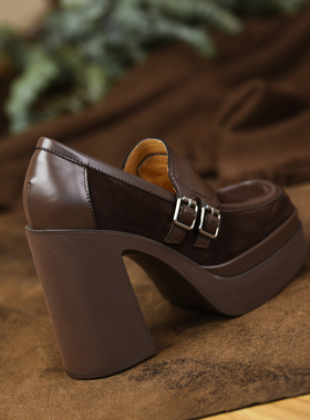 misili英伦风乐福鞋粗跟单鞋11.7cm高跟鞋2026春秋季新款厚底女鞋