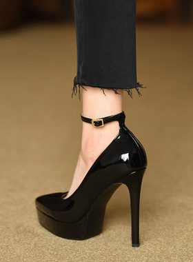 misili一字带细跟单鞋2026春季新款12cm高跟鞋尖头防水台黑色女鞋