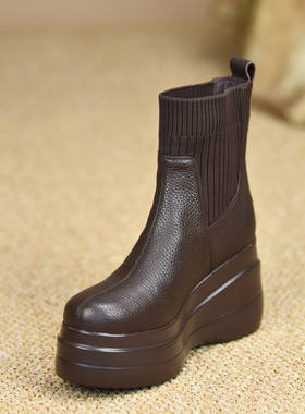 misili 一脚蹬坡跟短靴8.8cm高跟鞋2026秋冬新款防水台厚底女靴子