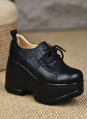 misili 真皮厚底深口单鞋女黑色系带圆头小个子舒适坡跟高跟鞋