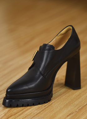 misili~10.5cm 尖头粗跟单鞋2026秋季新款高跟鞋时尚厚底真皮女鞋