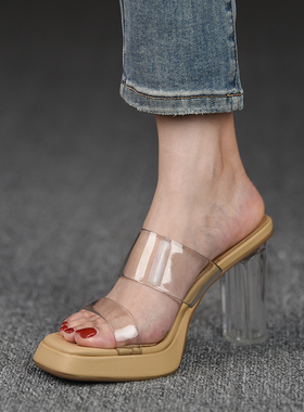 misili外穿粗跟凉拖鞋女方头厚底水晶跟防水台高跟鞋夏季新款凉鞋