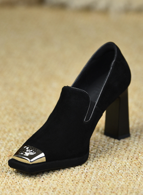 misili 金属方头粗跟单鞋8.5cm高跟鞋2026春季新款一脚蹬真皮女鞋