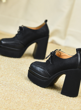 misili英伦风方头粗跟单鞋11.7cm高跟鞋2026春季新款系带厚底女鞋
