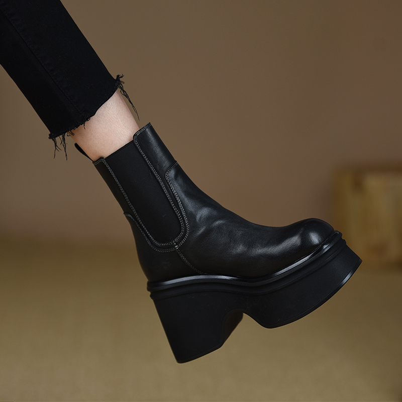 misili坡跟切尔西靴真皮厚底短靴