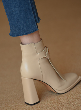 misili 真皮粗跟短靴女2026秋冬季新款侧拉链高跟女靴方头单靴子