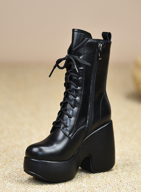 misili马丁靴粗跟短靴10.8cm系带高跟鞋2026秋冬季新款厚底女靴子