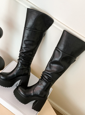 misili~12cm 过膝粗跟长靴2026秋冬季新款高跟鞋防水台厚底女靴子