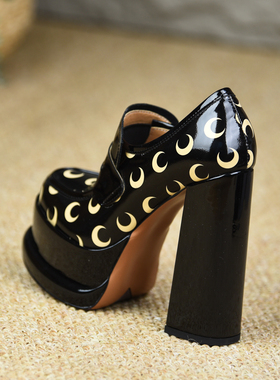 misili圆头粗跟单鞋14cm高跟鞋2026春秋季新款小个子厚底漆皮女鞋