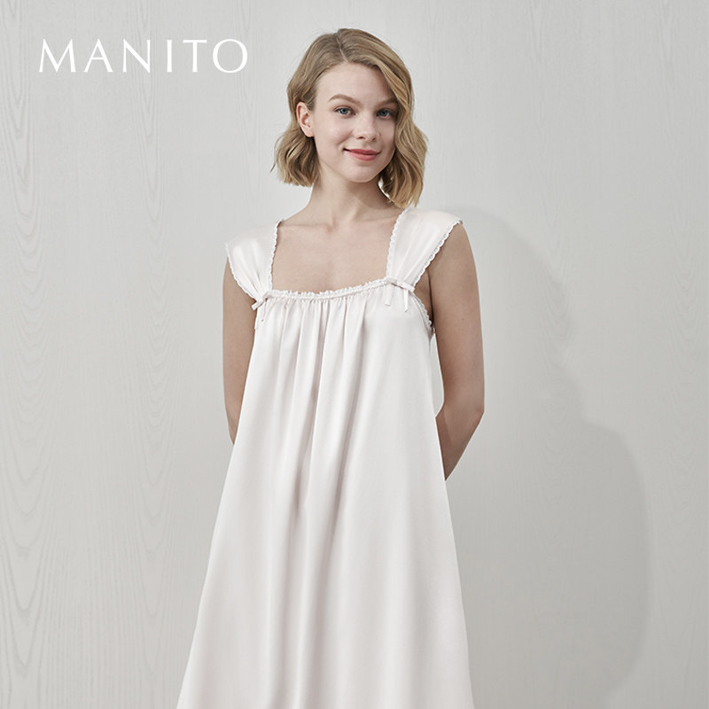MANITO/曼尼陀Duchess桑蚕丝背心连衣裙镂空蕾丝肩带褶皱长睡裙女