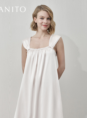 MANITO/曼尼陀Duchess桑蚕丝背心连衣裙镂空蕾丝肩带褶皱长睡裙女