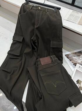 老钱风水洗口袋工装裤加厚复合绒显瘦宽松百搭休闲牛仔裤长裤女款