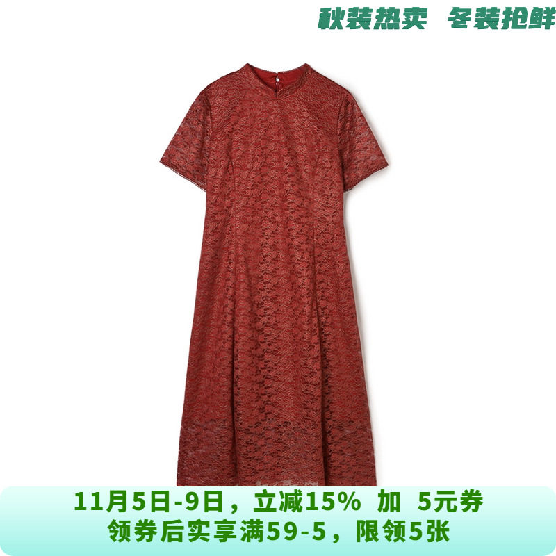 GM0A0038水溶蕾丝中长裙短袖立领裙子连衣裙女5.6夏