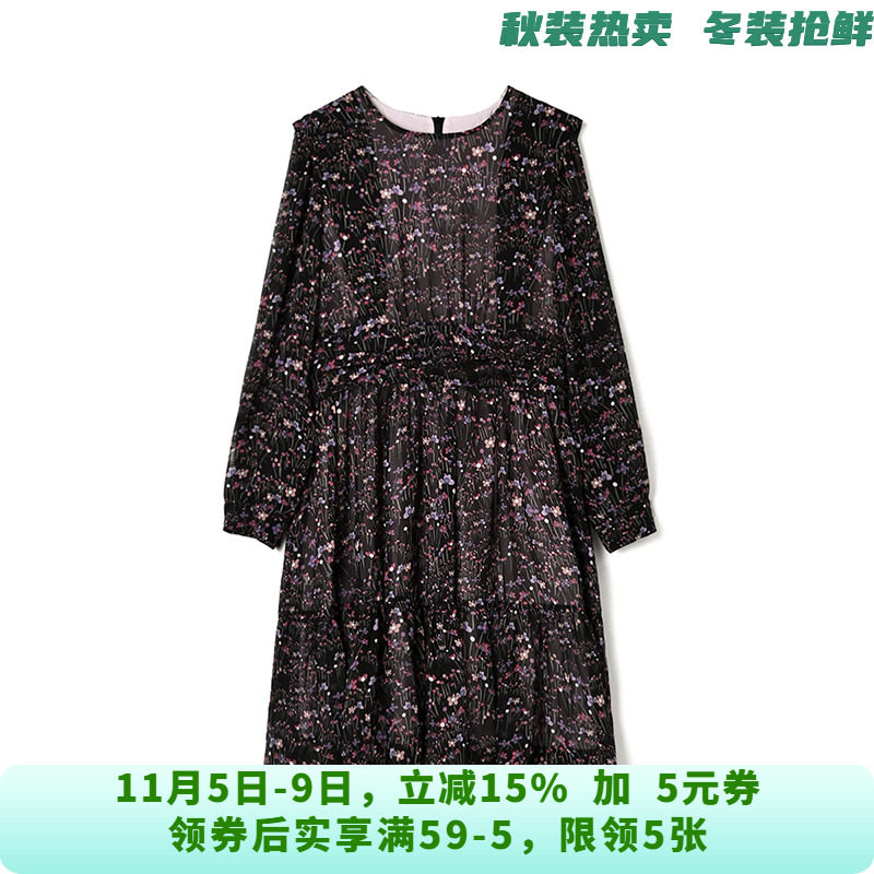 BP0A0026时髦碎花中裙高腰长袖裙子连衣裙女10.6秋