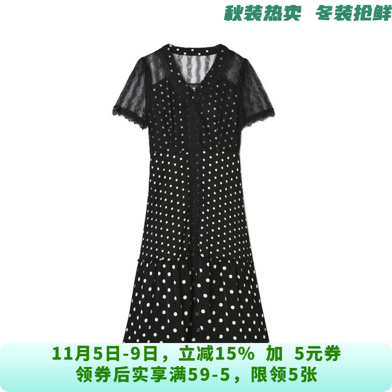 QY0A0062蕾丝拼接短袖中长裙波点设计连衣裙女5.26夏