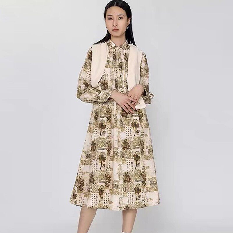 高端ZQ0A0018雅致印花中长裙可开扣连衣裙女2.6春