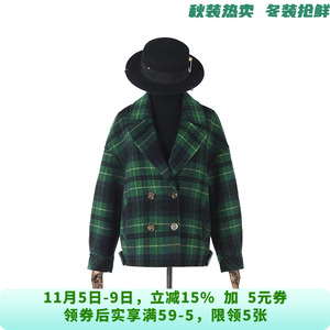 MU1E0013素雅格纹含羊毛双面尼毛呢外套大衣女11.4冬