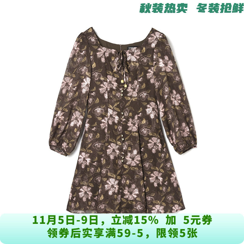 CM0A0001复古碎花短裙修身长袖裙子连衣裙女9.16秋