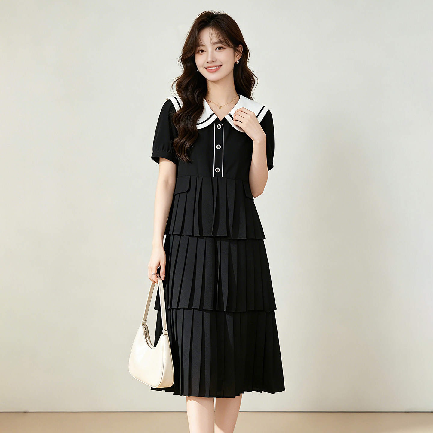 ME0A0004娃娃领可开扣蛋糕中长裙子连衣裙女6.26夏