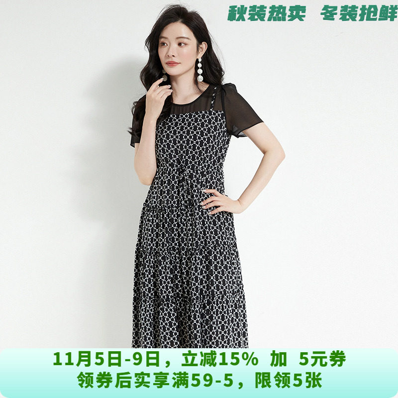 QH0A0031细碎花楹中长裙短袖圆领裙子连衣裙女2025夏