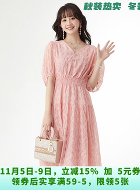 HG0A0039甜美风V领中裙五分袖裙子连衣裙女5.22夏