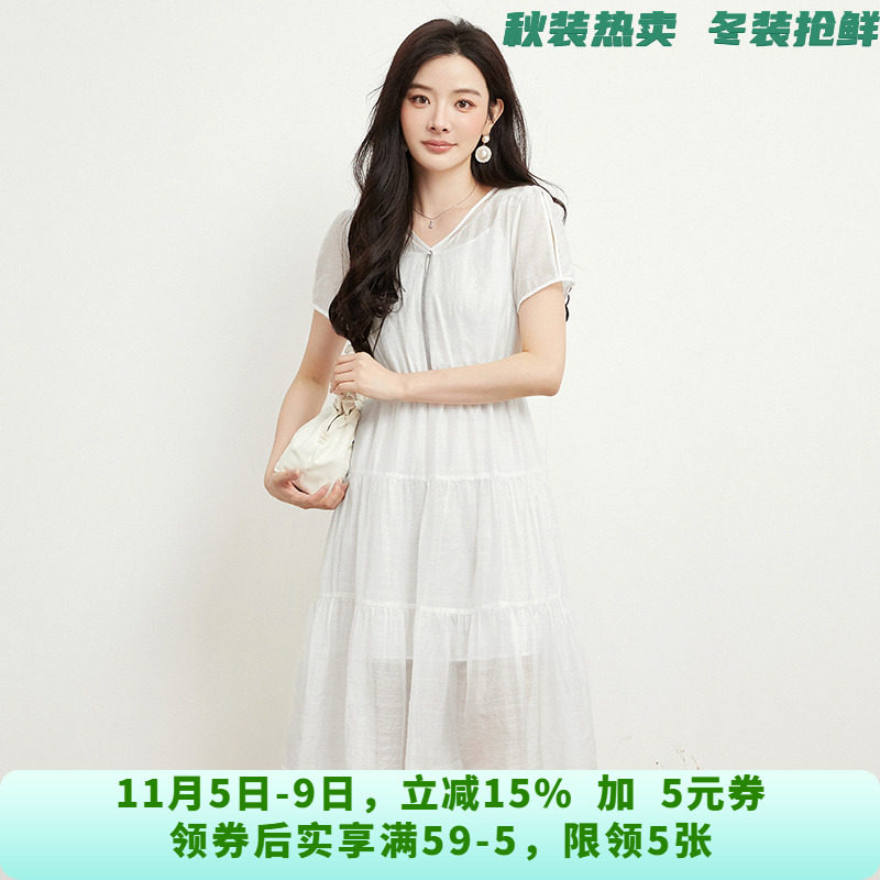 XJ0A0002清爽减龄中长裙松紧腰裙子连衣裙女6.2夏