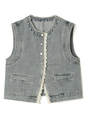 LH0N0002蕾丝拼接单排扣上衣宽松牛仔马夹女1.16春