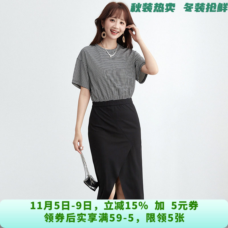 YC0A0019条纹拼接中长裙短袖裙子连衣裙女6.17夏
