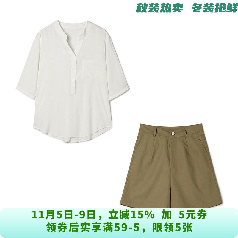 MM0U0001七分袖衬衫+高腰短裤两件套装女6.23夏