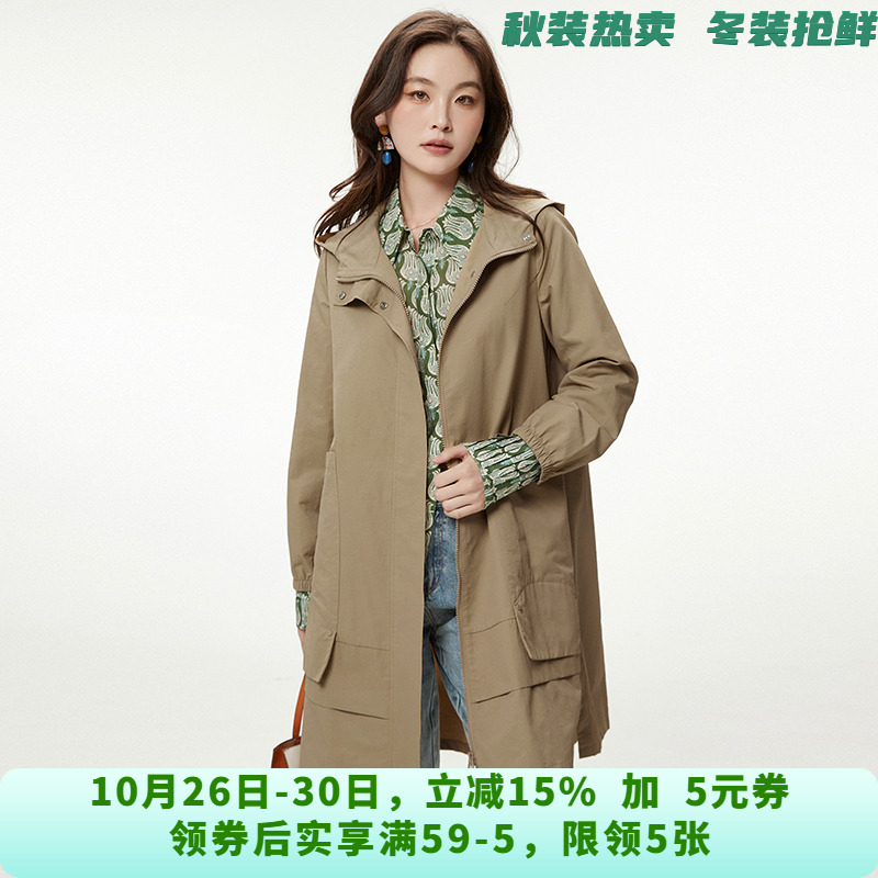 XY0J0001休闲风宽松舒适连帽长款风衣外套女7.11秋