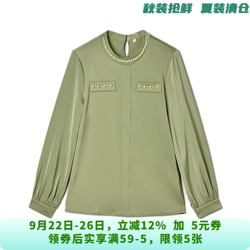 QC0D0003装饰珍珠圆领上衣一粒扣长袖衬衫女10.21秋